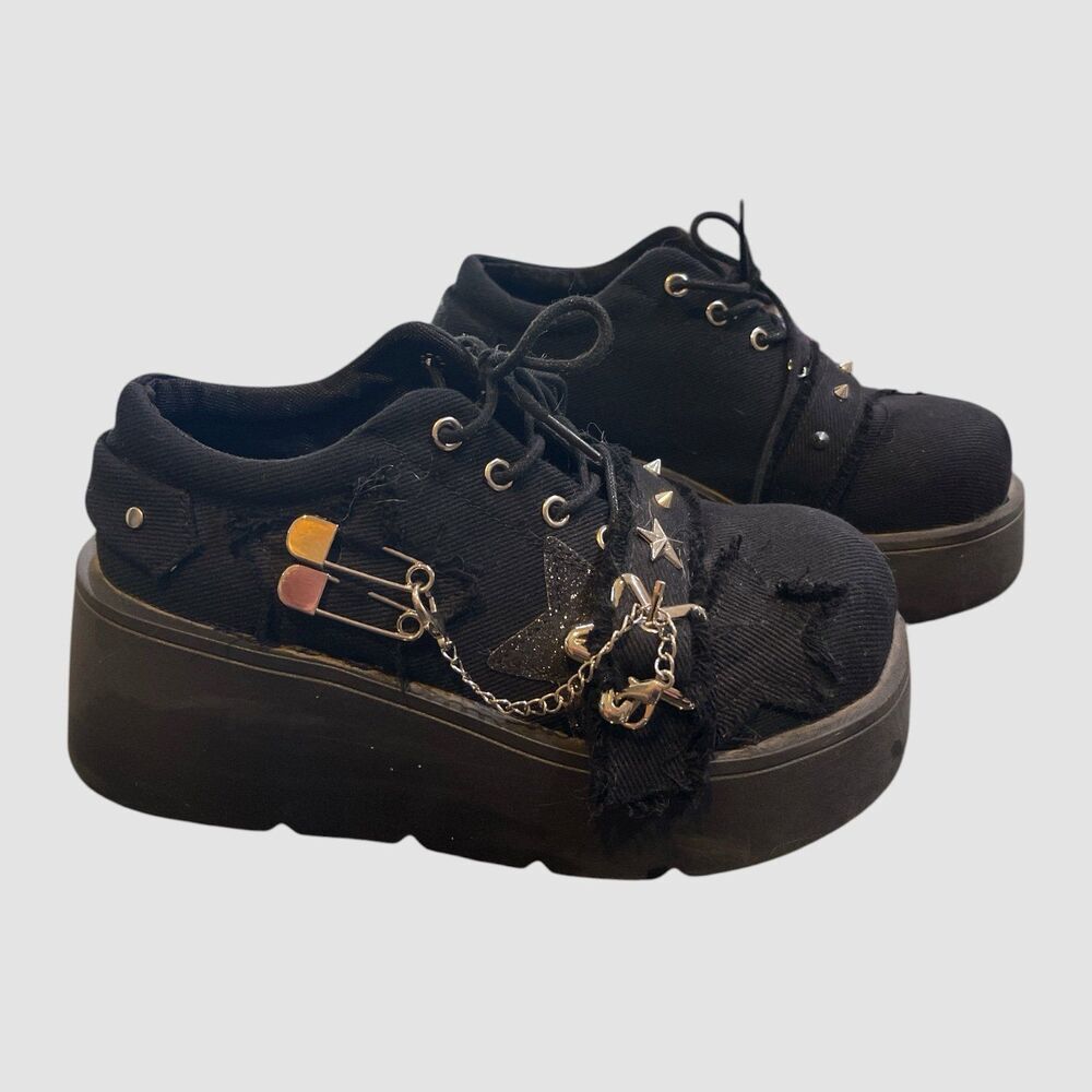 Y2K Star Print Chunky Platform Ankle Women Metal Chain Black Denim Shoes 6.5W 37 - Picture 4 of 9